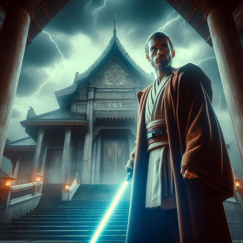 un Jedi devant un temple Jedi, son sabre laser allumé un Jedi devant un temple Jedi, son sabre laser allumé