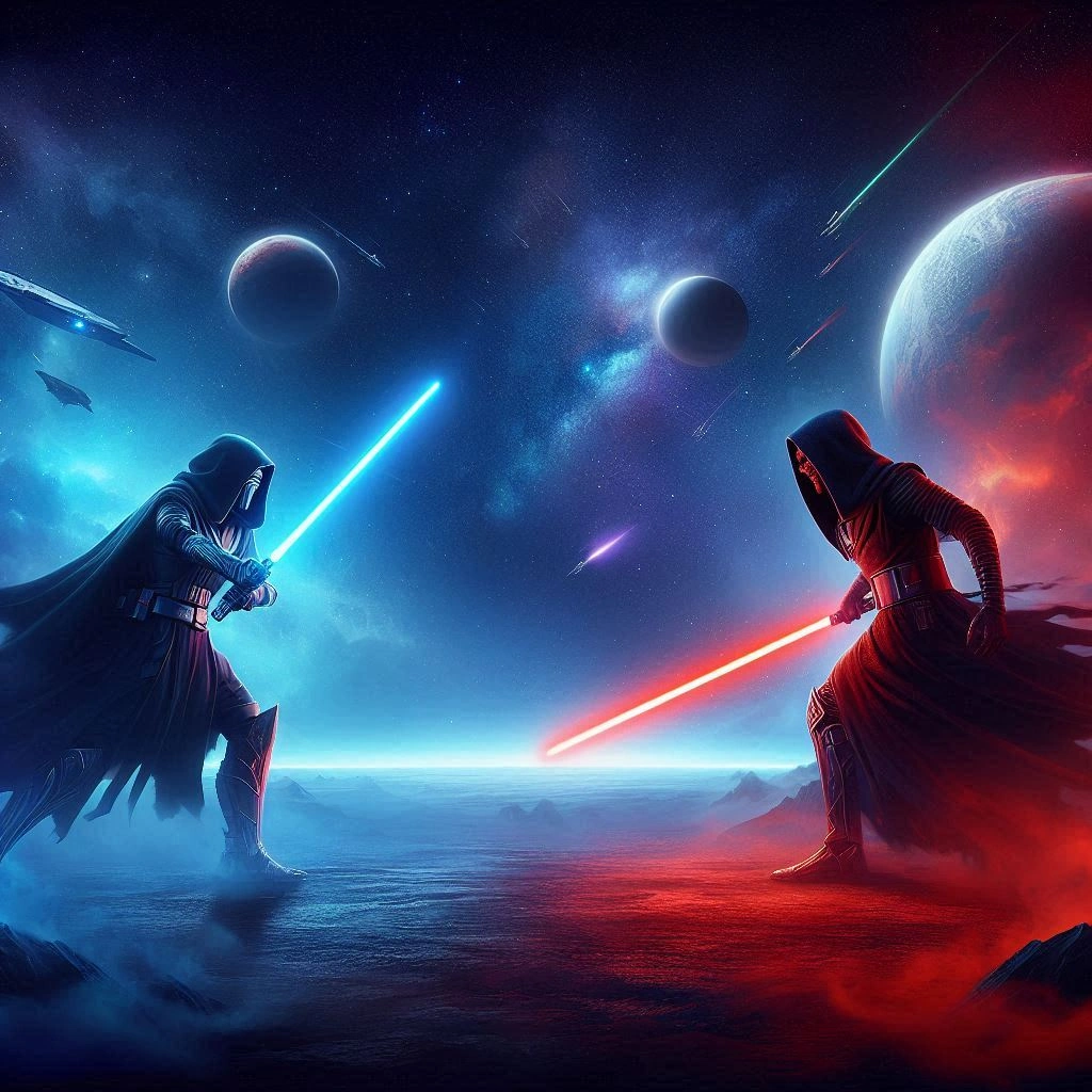 un combat entre un jedi à gauche et un sith à droite un combat entre un jedi à gauche et un sith à droite