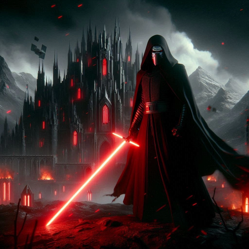 un sith devant un chateau noir avec son sabre rouge allumé un sith devant un chateau noir avec son sabre rouge allumé